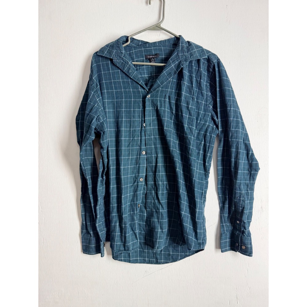 Van Heusen Mens Teal Blue Windowpane Plaid Long Sleeve Button Down Shirt Medium